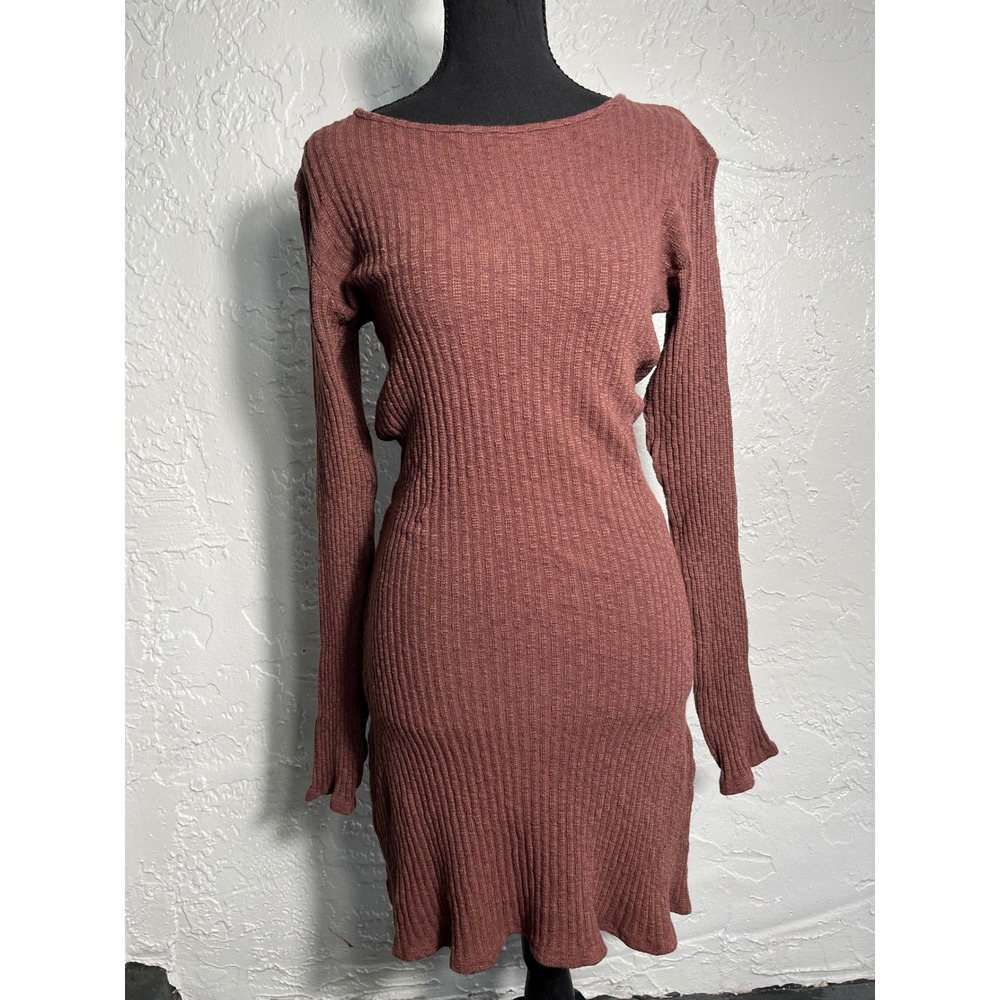 Lisa Says Gah Brown Ribbed Knit Midi Dress M Side Cutout Long Sleeve Y2K